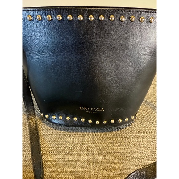 ANNA PAOLA Black Leather Studded Bucket Bag Made in Italy - Picture 6 of 9
